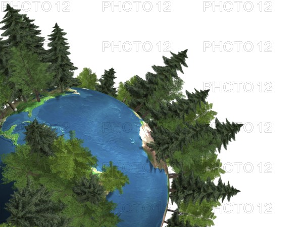 Conceptual 3D Illustration of the Earth globe covered with green trees growing out of it Green environment Ecology Rain forest Forestation concept Isolated on white