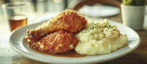 Golden fried chicken drumstick with mashed potatoes, topped with gravy and herbs, AI generated