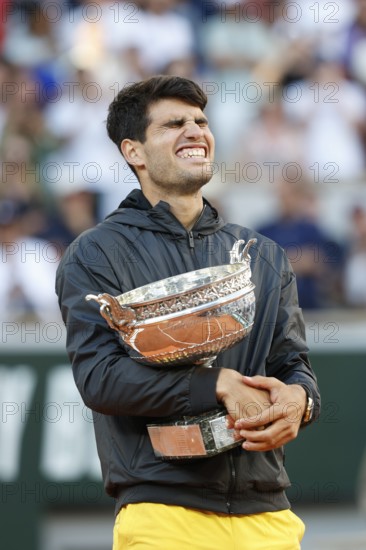 French Open 2024 winner Carlos Alcaraz with the trophy at Roland Garros, Paris, France.