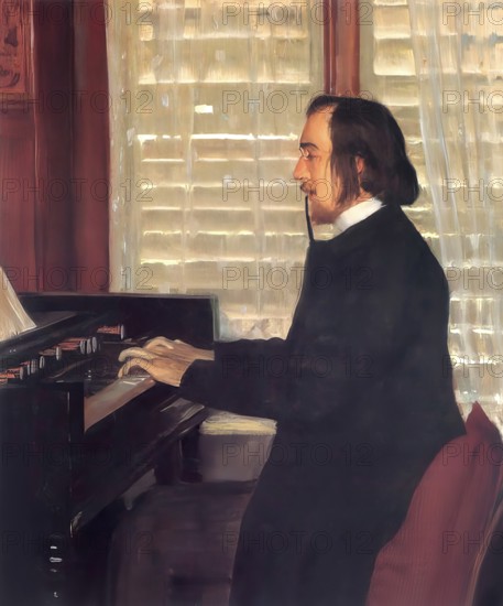 Erik Satie, 1866 – 1925, a French composer and pianist, playing the Harmonium, painting by Santiago Rusiñol, digitally edited