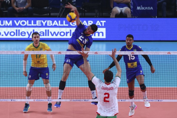 Sofia, Bulgaria - 4 July, 2022: Teams of Bulgaria and Brazil are seen in action during a Volleyball World Championship group stage match