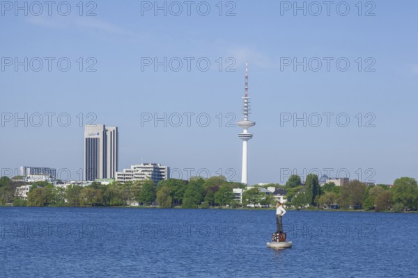 Outer Alster with Radisson Blu Hotel, Telemichel television tower and Alster buoyman, Hamburg, Germany