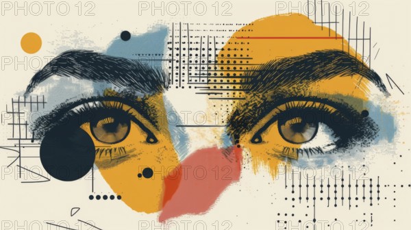 Bold and detailed abstract art with a focus on eyes amidst a mix of vibrant colors and intricate patterns, AI generated