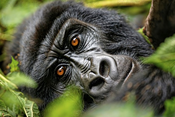 Close-up of a gorilla face (gorilla) with haunting orange eyes and detailed fur structure, AI generated, AI generated