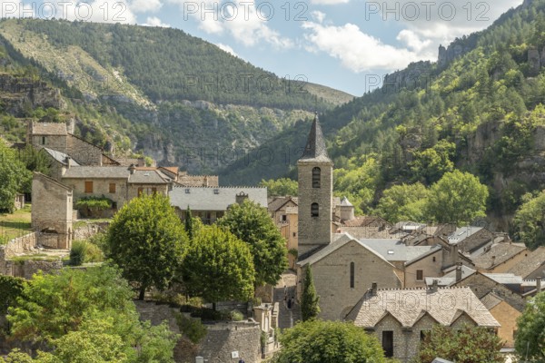 The village of Sainte-Enimie in the Gorges du Tarn, one of the most beautiful villages in France. Occitanie, Lozere, Florac