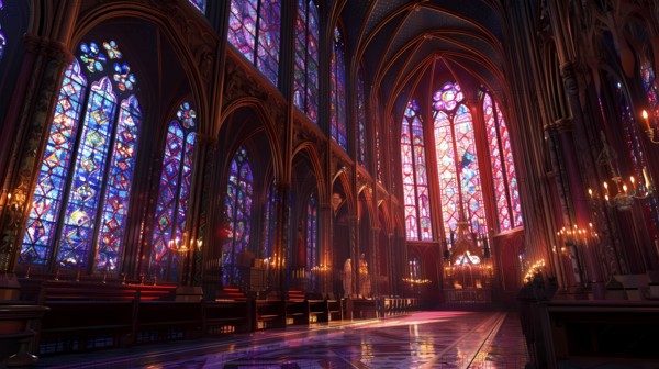 Interior of a gothic cathedral with vibrant stained glass windows and ornate details, Paris, illustration, AI generated