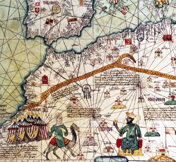 Musa I (c. 1280 - c. 1337), commonly referred to as Mansa Musa, was the tenth mansa, which translates as 'king of kings' or 'emperor', of the Malian Empire. At the time of Mansa Musa's rise to the throne, the Malian Empire consisted of territory formerly belonging to the Ghana Empire and Melle Mali and immediate surrounding areas. Musa held many titles, including Emir of Melle, Lord of the Mines of Wangara, and conqueror of Ghanata, Futa-Jallon, and at least another dozen states. He was the wealthiest West African ruler of his day.<br/><br/> The Catalan Atlas (1375) is the most important Catalan map of the medieval period. It was produced by the Majorcan cartographic school and is attributed to Cresques Abraham, a Jewish book illuminator who was self-described as being a master of the maps of the world as well as compasses. It has been in the royal library of France (now the Bibliothèque nationale de France) since the late 14th century