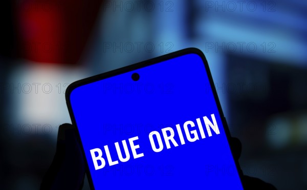 Blue origin logo is displayed on smartphone. Blue Origin Enterprises is an American space technology company