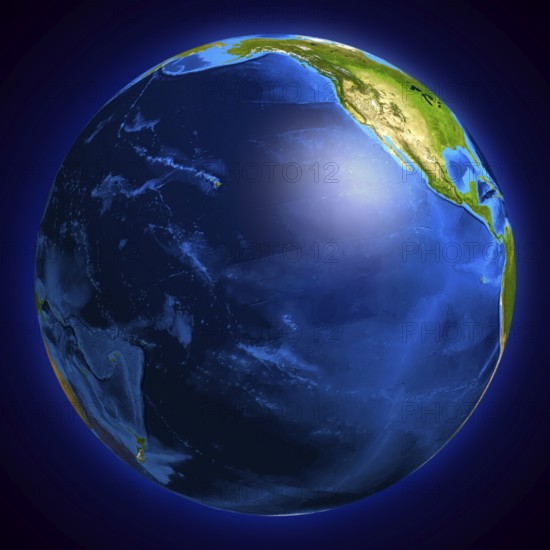 High resolution Earth globe showing the surface of the Pacific ocean and a part of North American continent. Isolated on black background. 8000 pix size available on request