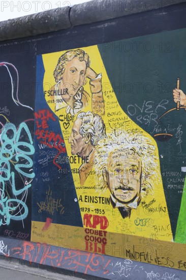 East Side Gallery, Berlin Wall, painting with Schiller, Goethe and Einstein, Mühlenstraße, Berlin-Friedrichshain, Berlin, Federal Republic of Germany