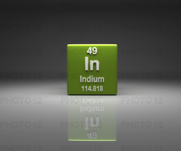Cube with Indium number 49 periodic table, 3d rendering