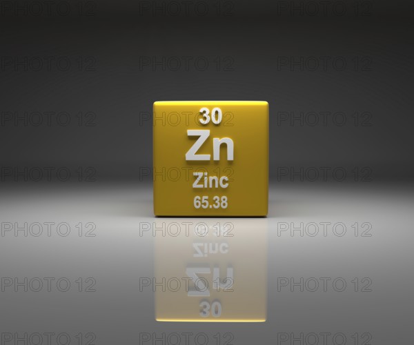 Cube with Zinc number 30 periodic table, 3d rendering