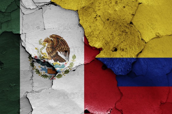 Flags of Mexico and Colombia painted on cracked wall