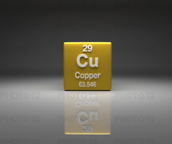 Cube with Copper number 29 periodic table, 3d rendering