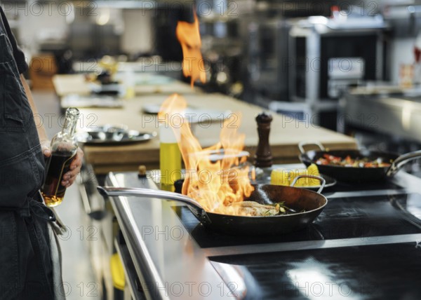Side view chef flambeing dish kitchen. Resolution and high quality beautiful photo