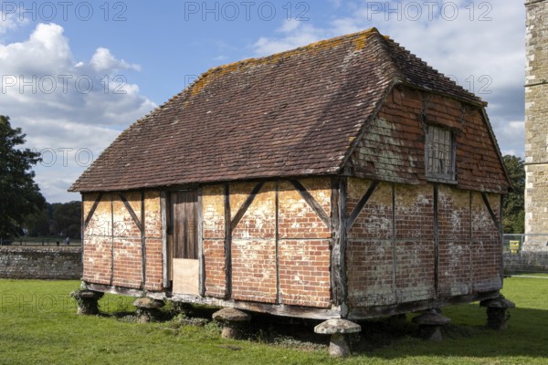 MIDHURST, WEST SUSSEX/UK - SEPTEMBER 1 : View of the Cowdray Castle medieval granary set on toadstools to prevent access by rats in Midhurst, West Sussex on September 1, 2020