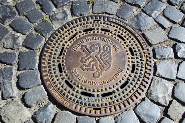Manhole cover with coat of arms of Braunschweig, Braunschweig, Lower Saxony, Germany, municipal drainage system