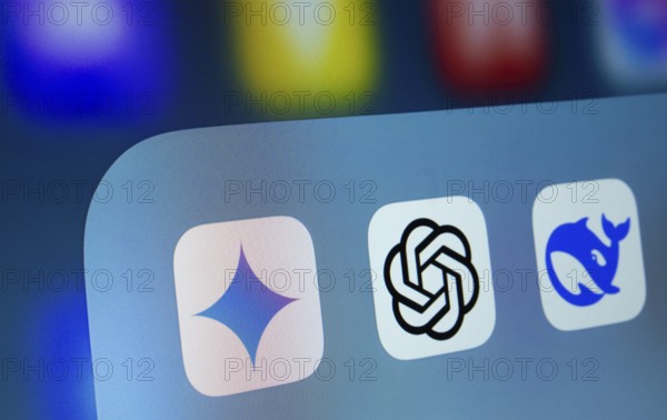 A close up of an iPad screen displaying the Deepseek, ChatGPT and Google Gemini app icon