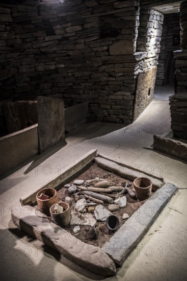 Replica of a house from the Neolithic settlement of Skara Brae, Mainland, Orkney Islands, Scotland, Great Britain