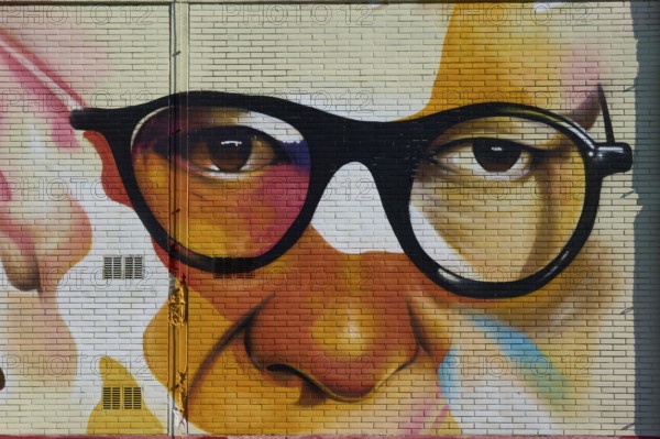 Portrait of Max Horkheimer, philosopher of the Frankfurt School, graffiti, art cube on the Bockenheim campus: Signal Labsaal, created by the graffiti artists Justus Becker and Oguz Sen, theme of migration, façade of the former university canteen, later also used as refugee accommodation, architect Ferdinand Kramer, Bockenheim, Frankfurt am Main, Germany