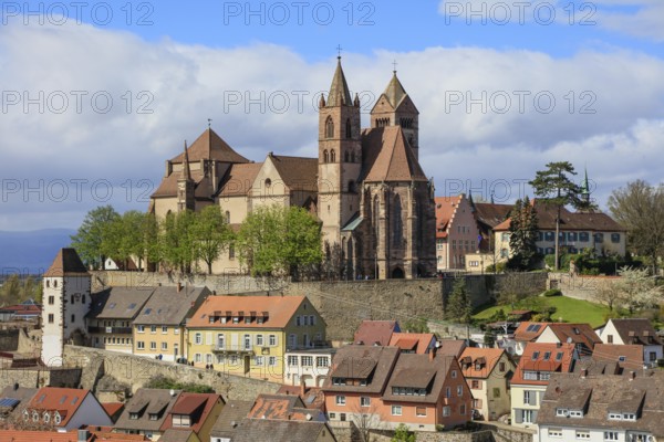 View from Eckartsberg to Münsterberg with Radbrunnenturm and cathedral, Breisach am Rhein, Baden-Württemberg, Germany