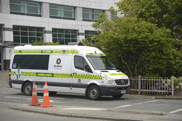 CHRISTCHURCH, NEW ZEALAND, DECEMBER 30, 2020, A white St John ambulance leaves Christchurch hospital, December 30, 2020