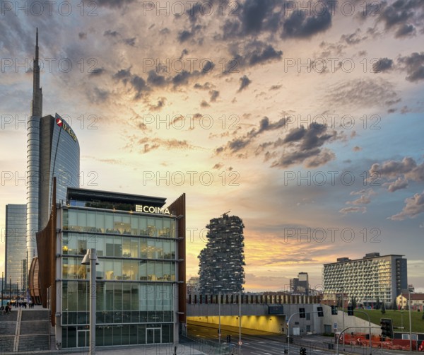 Milan Italy, Porta Nuova District. Unicredit Tower and Bosco Verticale Condominium