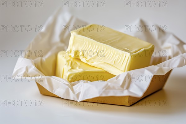 A piece of butter in opened wrapping paper placed in a cardboard tray on a white background, AI generated, AI generated
