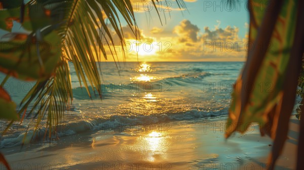 Imaginatively staged sandy beach with palm trees and sunset. The landscape has a tropical character, such as in the Caribbean. AI generated, AI generated, AI generated