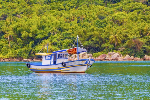 Boats ships and Boat Mangrove beach and Pouso beach Ilha Grande Angra dos Reis Rio de Janeiro Brazil