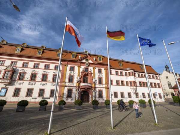 Thuringian State Chancellery, Government Headquarters of the Free State of Thuringia, Building of the Electorate of Mainz, Flags of Thuringia, Germany and Europe, Erfurt, Thuringia, Germany