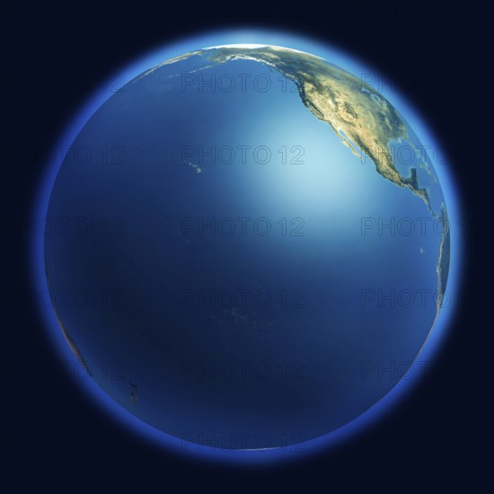 View of the Earth globe from space showing the Pacific ocean and a part of North American continent. Isolated on dark blue background