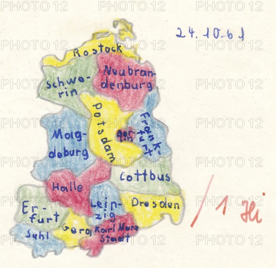 Homework for school, historical map of East Germany with main cities, GDR, 1961, Länder mit Hauptstädten der DDR, Kinderzeichnung von 1961, Hausaufgabe der Schule mit sehr gut benotet