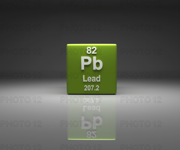 Cube with Lead number 82 periodic table, 3d rendering