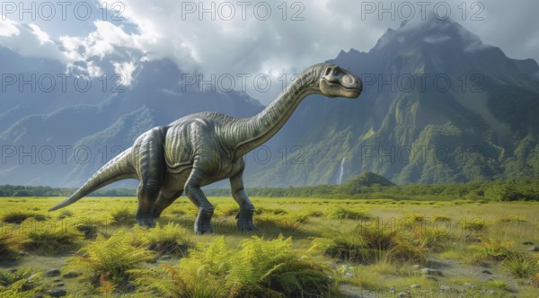 Solitary Apatosaurus standing in a grassy plain with dramatic mountains and cloudy sky, ai generated, AI generated