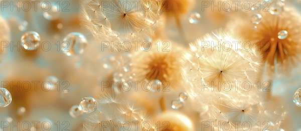 Golden dandelion seeds with sparkling droplets and a bokeh effect, creating a light and airy atmosphere, AI generated