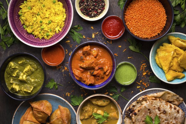 Assorted indian food on dark wooden background. Dishes and appetizers of indian cuisine. Curry, butter chicken, rice, lentils, paneer, samosa, naan, chutney, spices. Bowls and plates with indian food