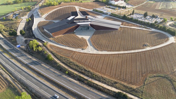 Gumiel de Izan, Burgos, Spain: aerial view of the Portia winery designed by Foster & Partners in the Ribera del Duero appellation of origin wine-growing area