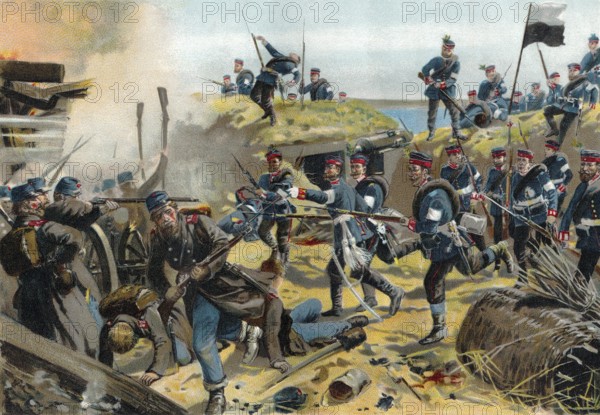 The Battle of Dybbøl, a battle of the Second Schleswig War on the morning of 18 April 1864, Erstürmung der Düppeler Schanzen oder Schlacht bei Düppel im Deutsch-Dänischen Krieg oder Zweiter Schleswig-Holsteinischer Krieg vom 18. April 1864, historisches Bild von R. Knötel