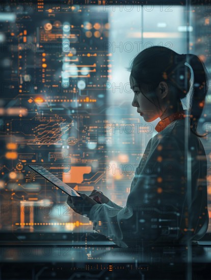 A woman interacts with futuristic holographic technology in a corporate setting, AI technology, AI generated