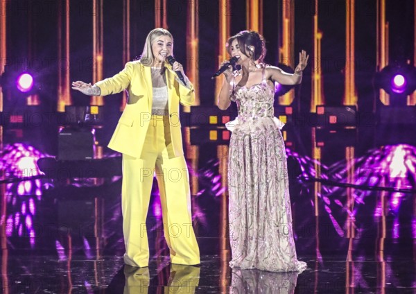 The presenter Beatrice Egli with Sarah Engels at the recording of The Beatrice Egli Show in Berlin-Adlershof