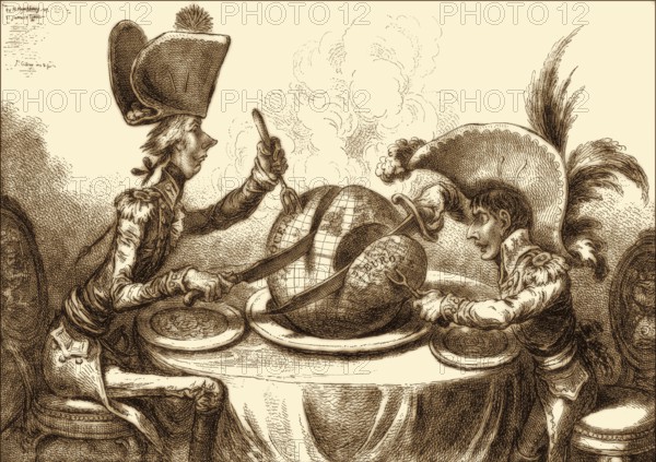 The Plumb-pudding in danger, James Gillray, 1805, Pitt and Napoleon dividing the world between them