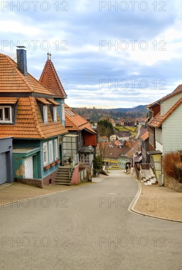 Empty cobbled street in the old town centre of St. Andreasberg, Harz Mountains, Germany