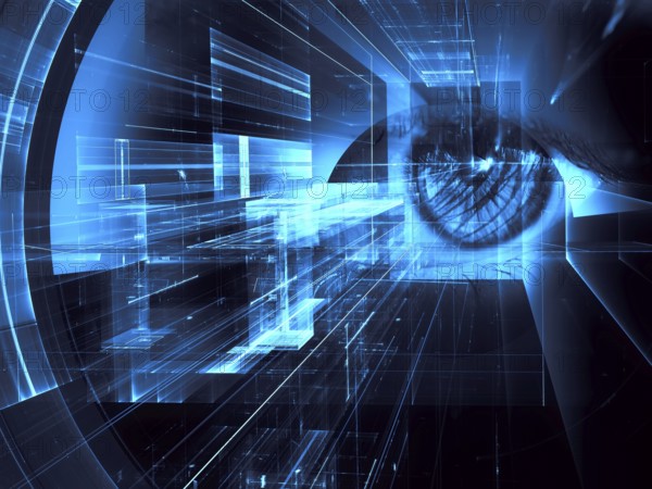 Human eye and. futuristic tunnel or portal - abstract collage. Artificial intelligence or data security concept background. For web design, banners, posters