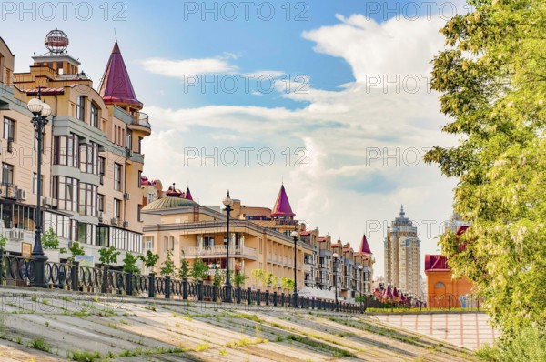 Kiev Ukraine, July 118, 2011: view of residential buildings in Obolonska Naberezhna, in the Obolon district of Kiev, at dawn
