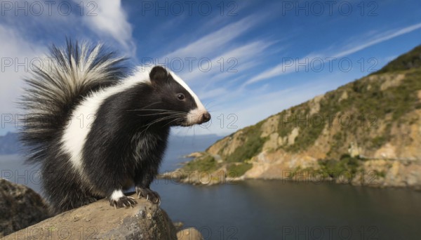 AI generated, animal, animals, mammal, mammals, biotope, habitat, one, individual, foraging, wildlife, Chile, South America, Patagonia, humboldt's hog-nosed skunk (Conepatus humboldtii), AI generated