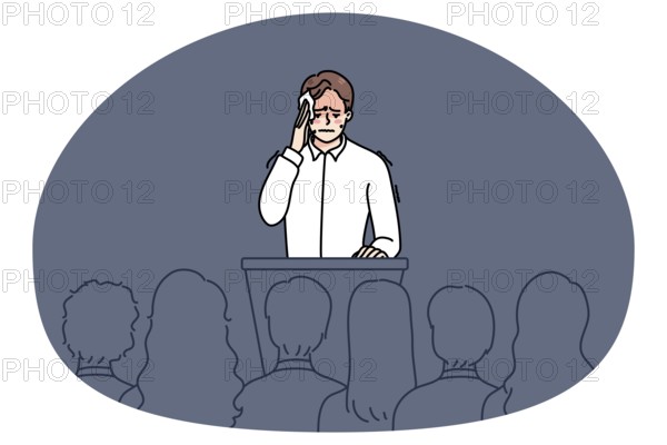 Nervous man feel stressed speaking in front of public. Anxious worried male speaker sweat with pain and anxiety on stage. Concept of audience fear. Flat vector illustration