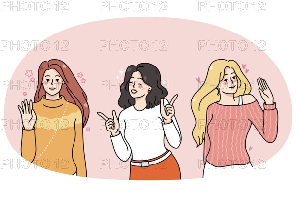 Smiling diverse young women having fun chilling out together. Happy female characters waving hand, laughing and greeting. Diversity concept. Flat vector illustration