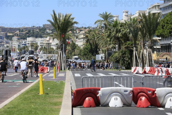 The Promenade des Anglais in Nice the morning after the attack on 14 July 2016, in which the attacker Mohamed Bouhlel drove a lorry into a crowd of people who had gathered for a fireworks display to mark the French bank holidays. 86 people were killed and more than 300 injured, some of them seriously. Road closure. Nice, Alpes-Maritimes, France