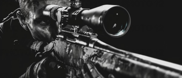 Close-up black-and-white image of a sniper aiming a rifle with an intense look in a dark setting, AI generated